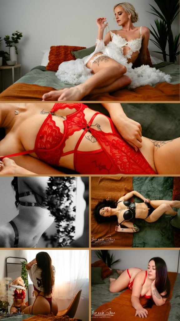 A collage of six images showing women in various lingerie outfits, including white, red, black, and colorful sets, posed on beds and in front of a mirror during mini sessions.